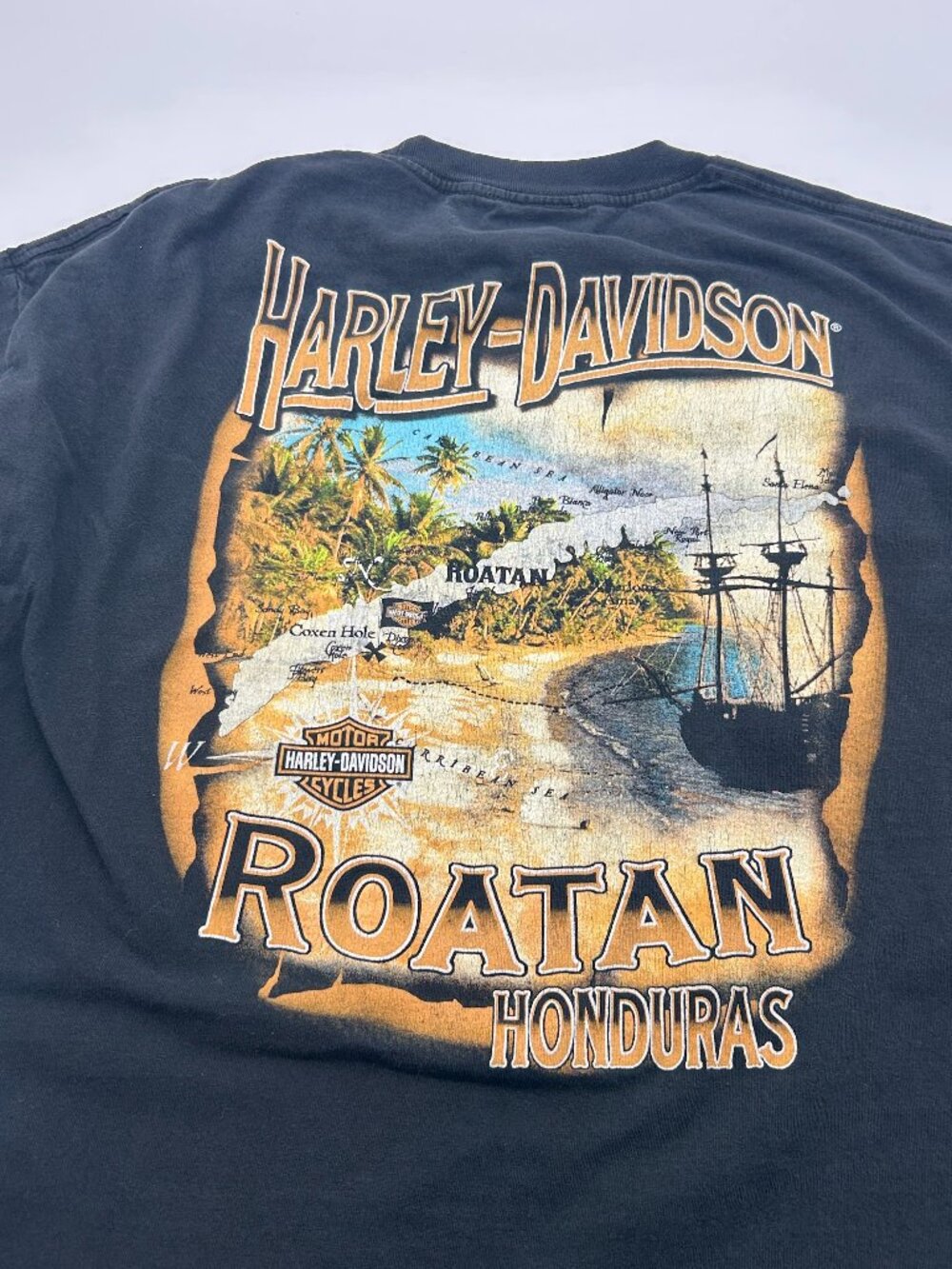 Vintage Harley Davidson T Shirt Men’s XXL 2XL Black Roatan Honduras Treasure Map